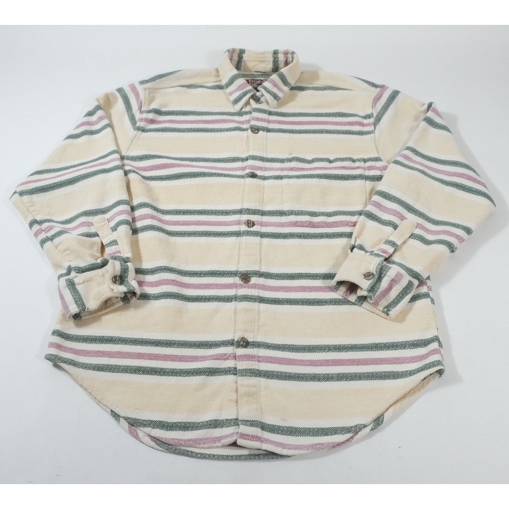 True‎ Grit Shirt Mens L Cream Stripe Vintage 90s Flannel Baja Woven Button Down